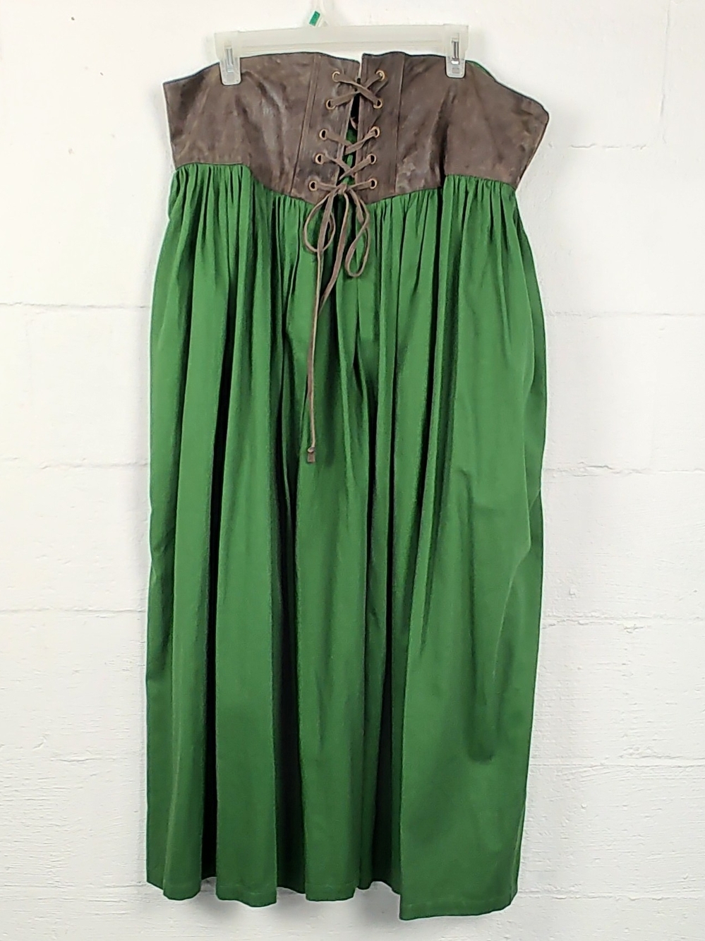 The Pyramid Collection Green Maxi Skirt with Brown Lace-Up Waist